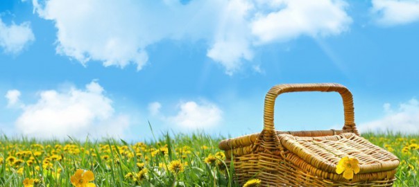 Summer picnic basket with straw hat in a field of flowers